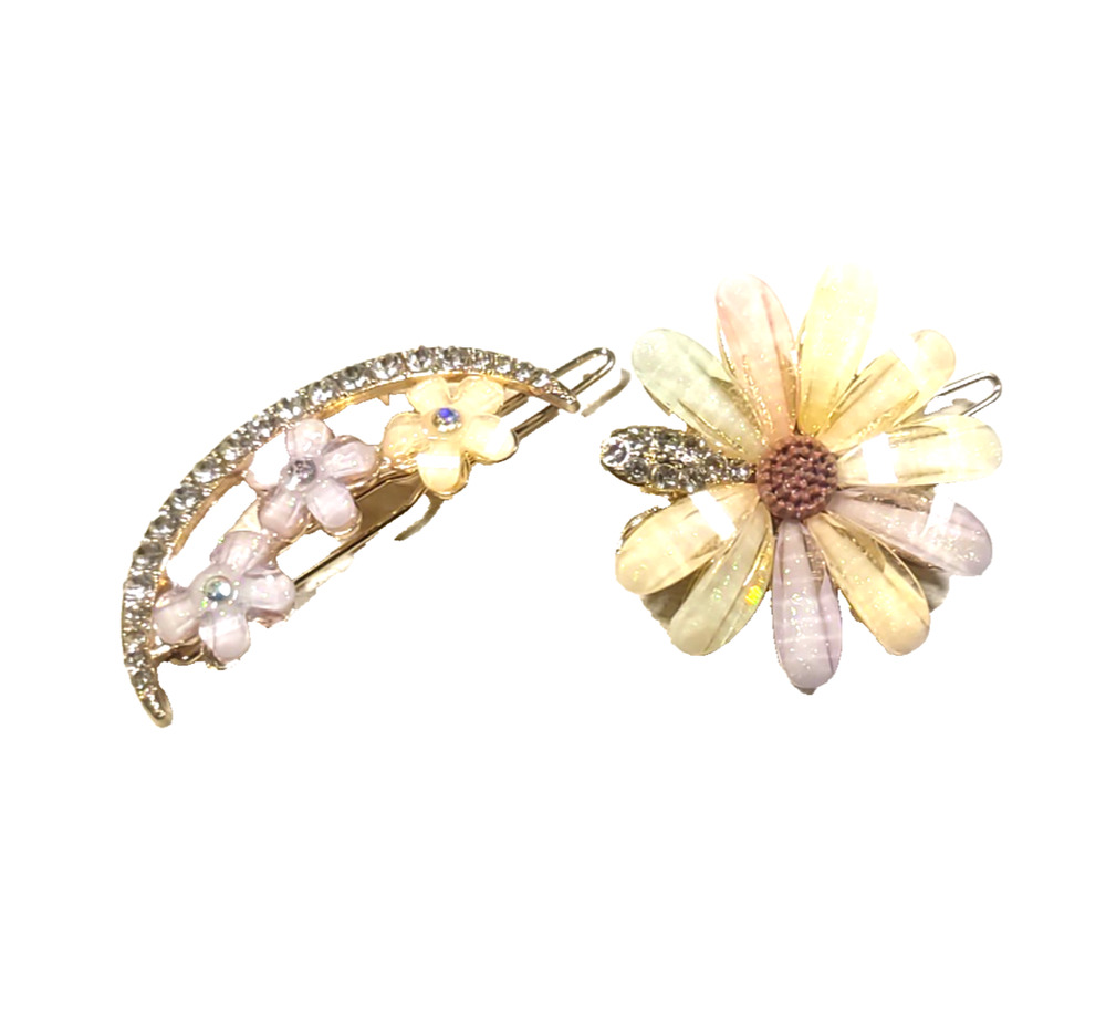 Lot Of 2 Hair Barrettes Pink Rhinestone Clips Party